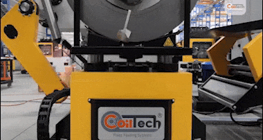The coil which is left on the loading car with forklift or crane is fast and safely attached to the drum with controller. The coil loading car moves in Z axis with hydraulic piston and in Y axis with ac motor drive. There are guide arms to prevent the loaded coil from falling over during the movement of the car.
